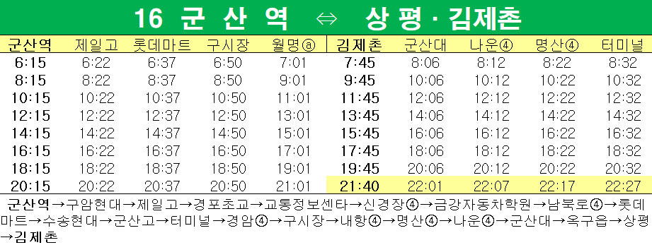 군산 16번 버스 시간표 / 출처 군산시 홈페이지_시정소식